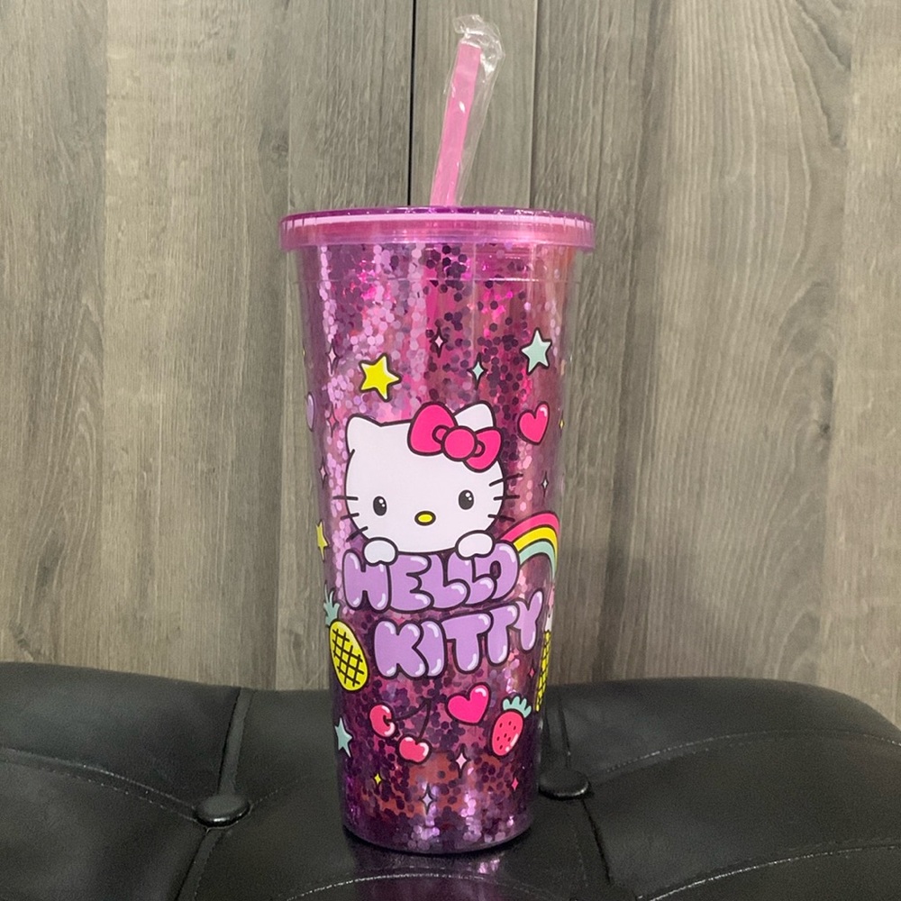 New Hello Kitty With Rainbow Purple Glitter Tumbler With Lid & Straw By Sanrio
